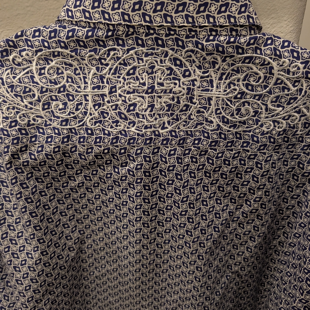 Robert Graham Navy and White Geometric Shirt With Embroidered Details